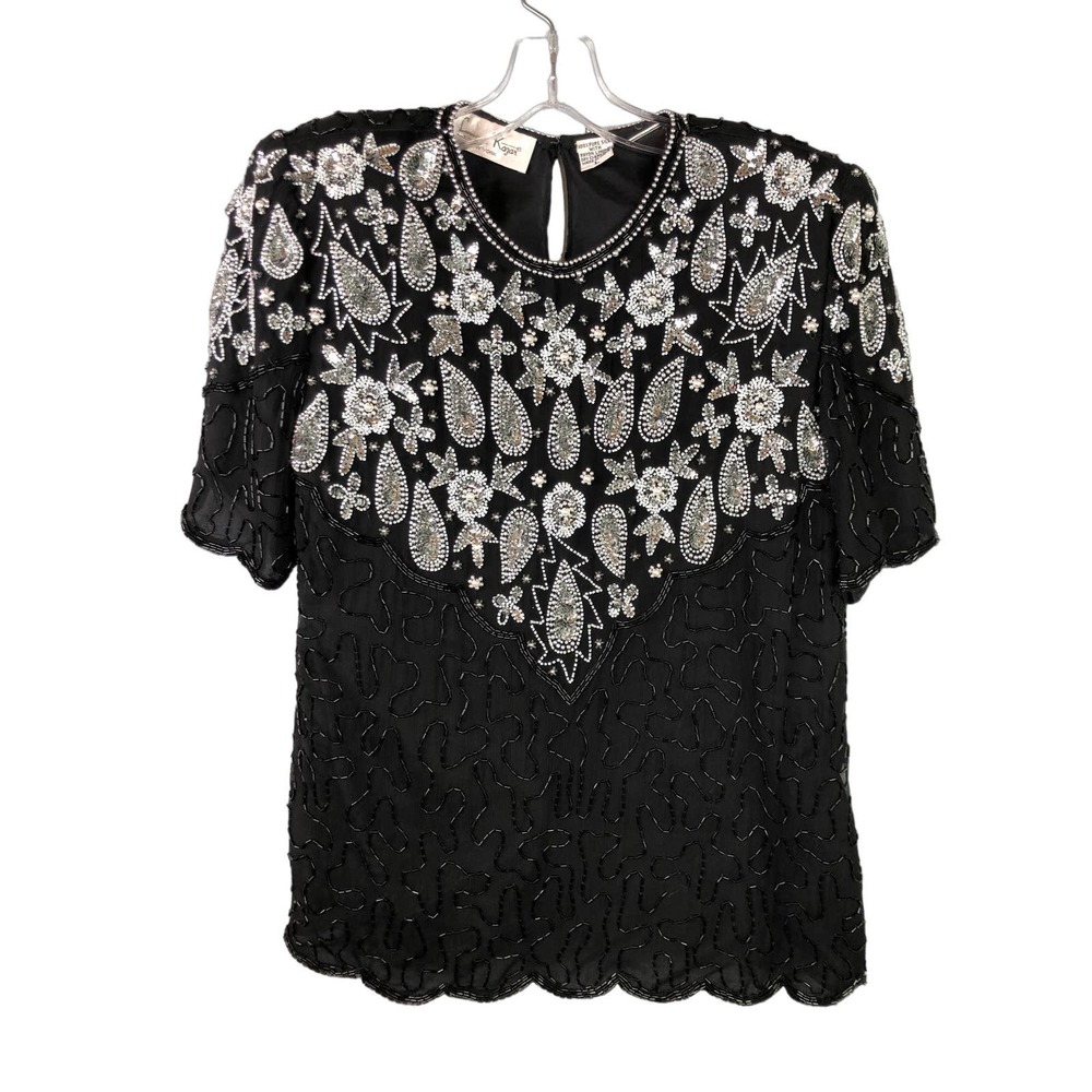 Laurence Kazar Vintage Short Sleeve silk top, Beaded, Black & Silver, Sz L - Picture 1 of 11